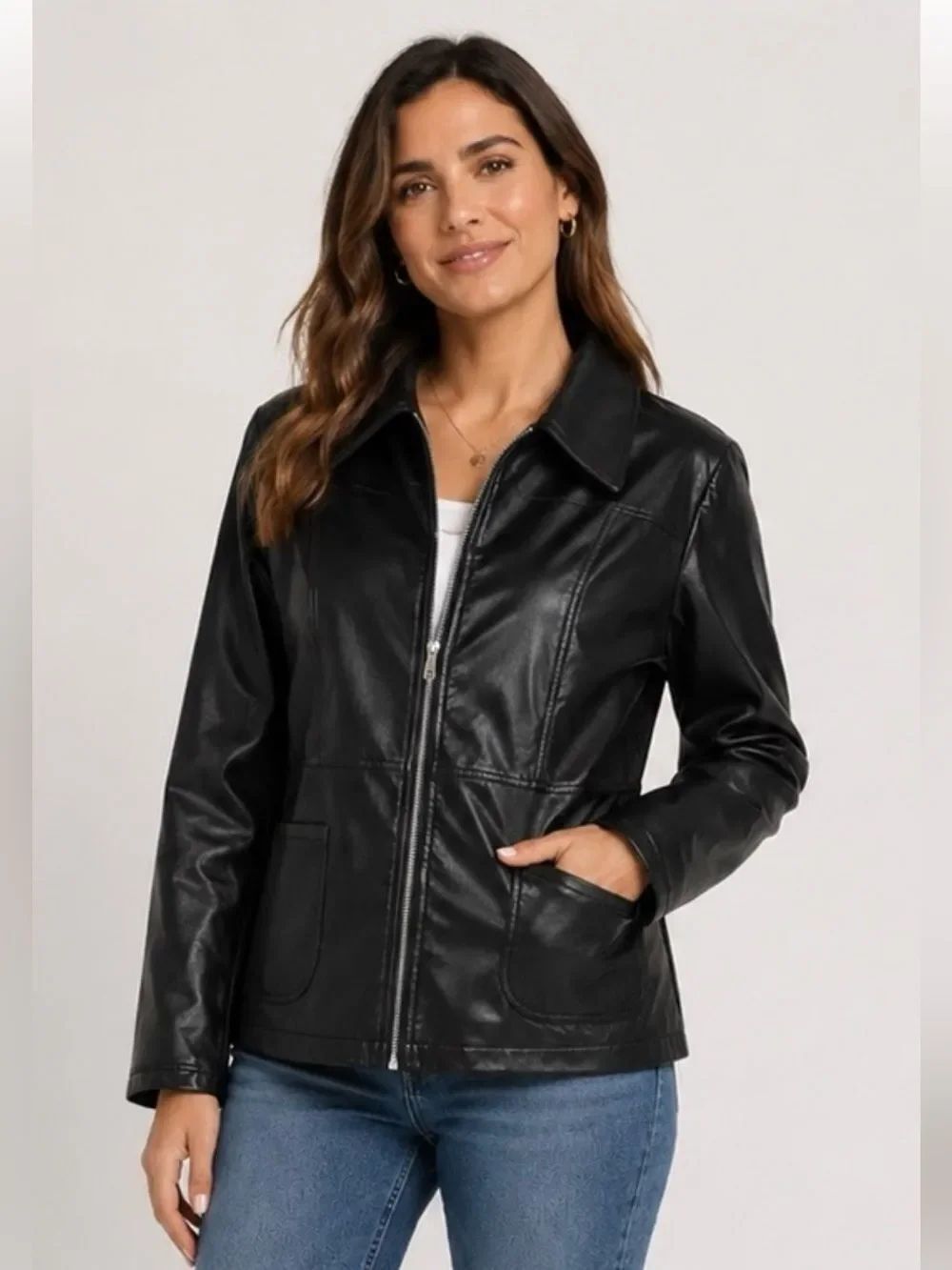Renee Raquel Black Zipper PU Jacket, Large